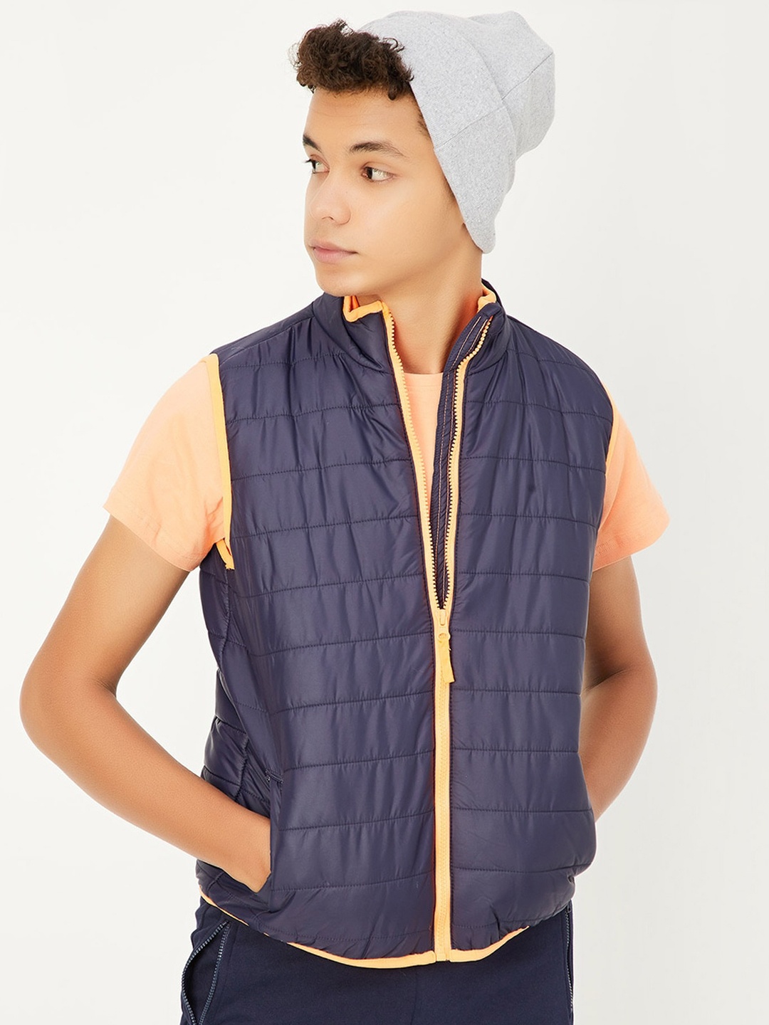 

max Boys Mock Collar Sleeveless Padded Jacket, Navy blue