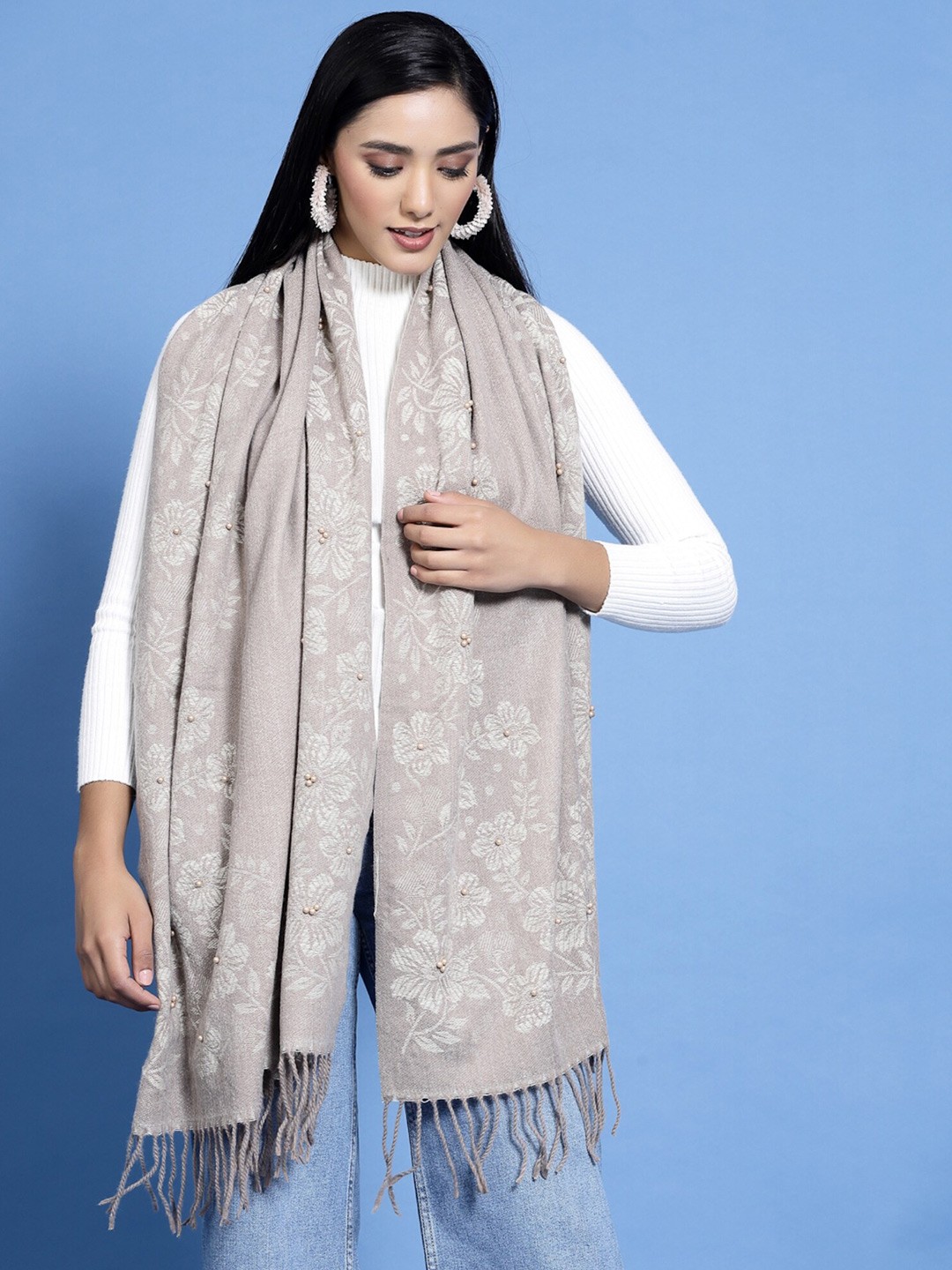 

Mafadeny Floral Woven Design Stole, Grey
