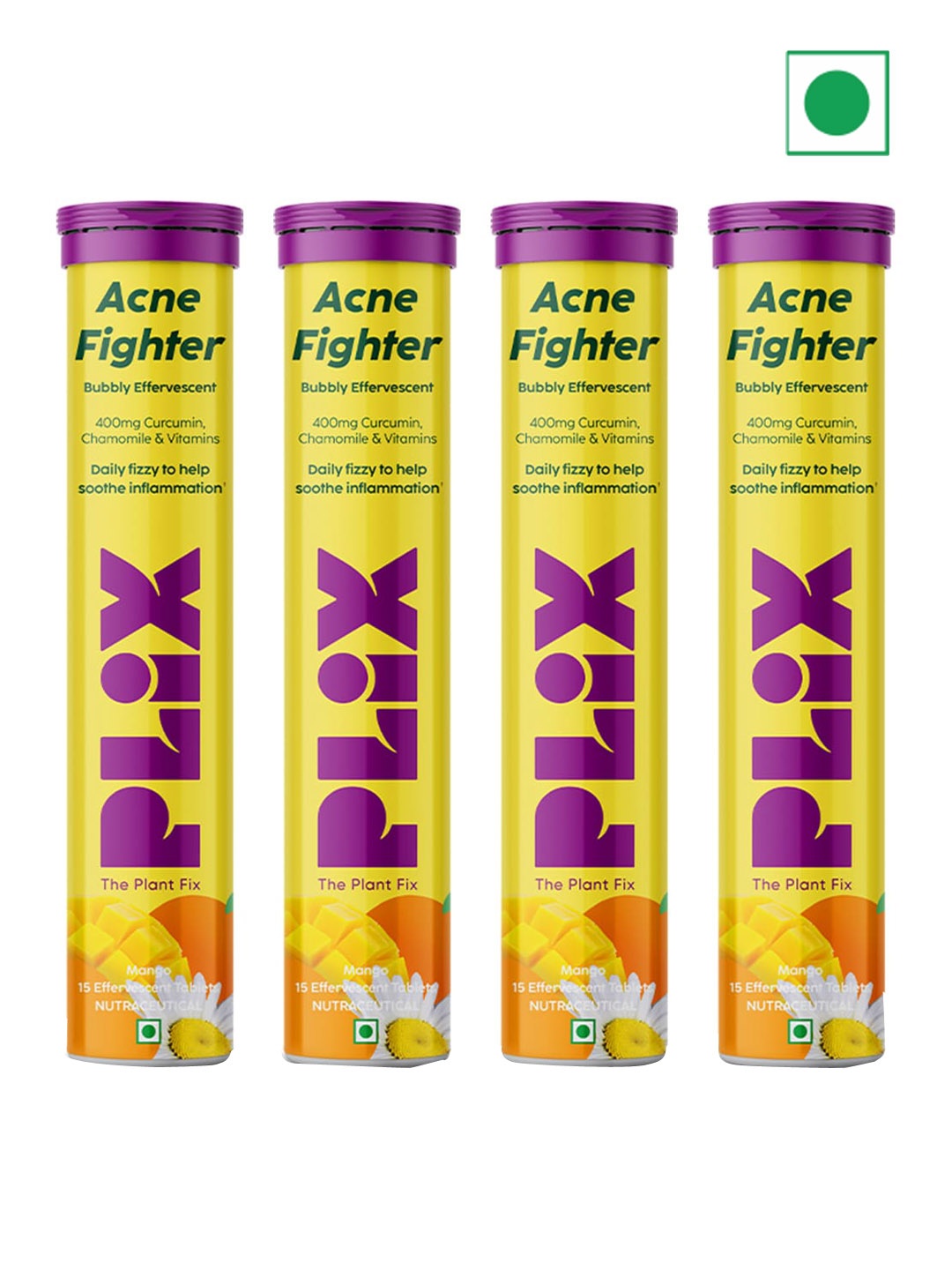 

PLIX THE PLANT FIX Set of 4 Acne Fighter Mango Twist Flavor Tablets - 15 Tablets Each, Yellow