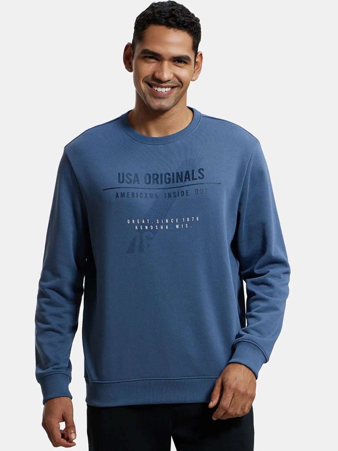 

Jockey Typography Printed Long Sleeves Pure Cotton Pullover Sweatshirt, Blue