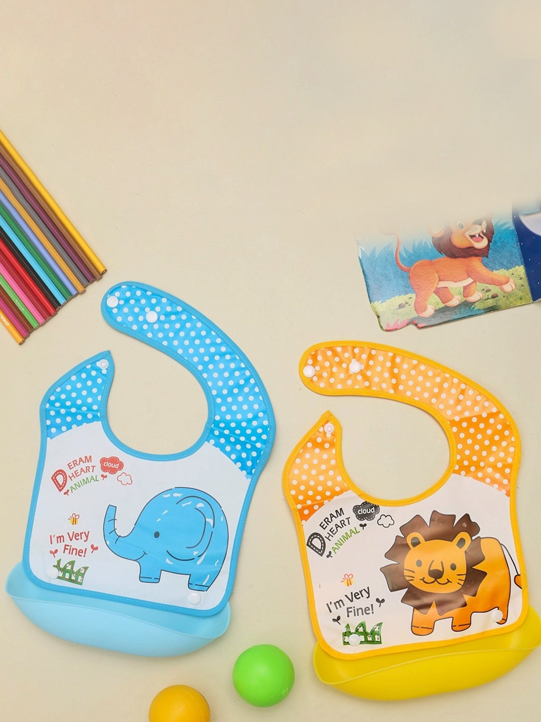 

Yellow Bee Boys Pack Of 2 Elephant and Lion Printed Water Proof & Stain Free Bibs, Blue