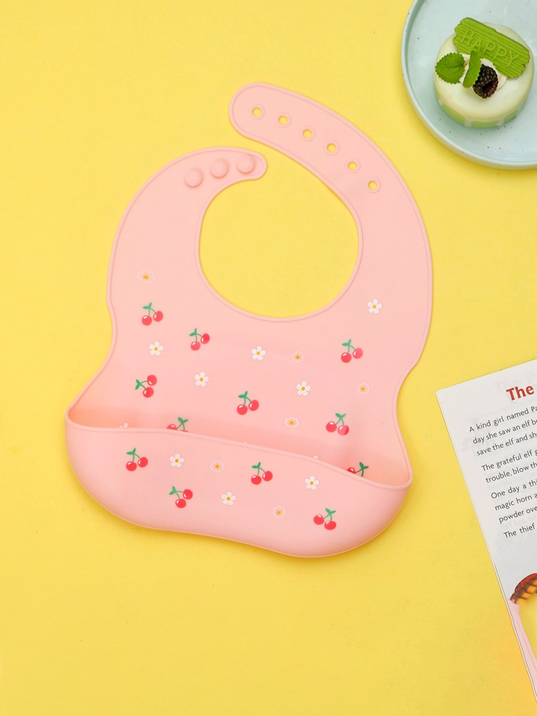 

Yellow Bee Girls Cherry Printed Water Proof & Stain Free Bib With Crumb Catcher, Peach