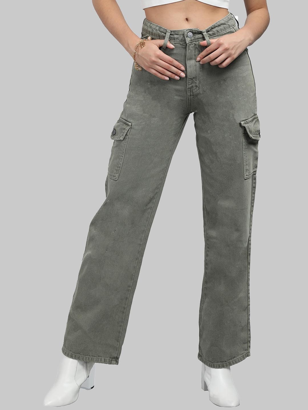 

HONNETE Women Clean Look Heavy Fade Jeans, Olive