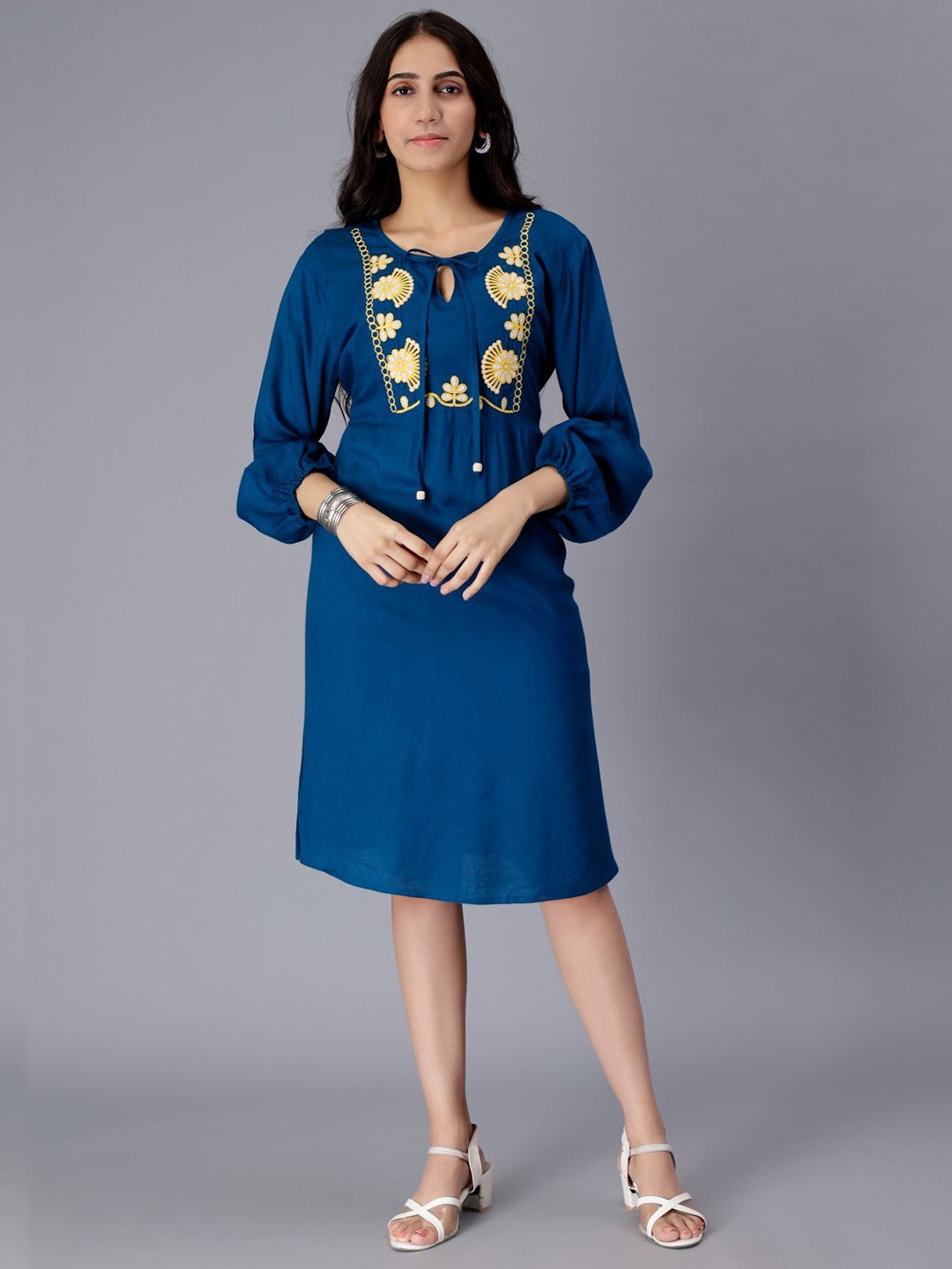 

SAAKAA Floral Embroidered Keyhole Neck A-Line Dress, Blue