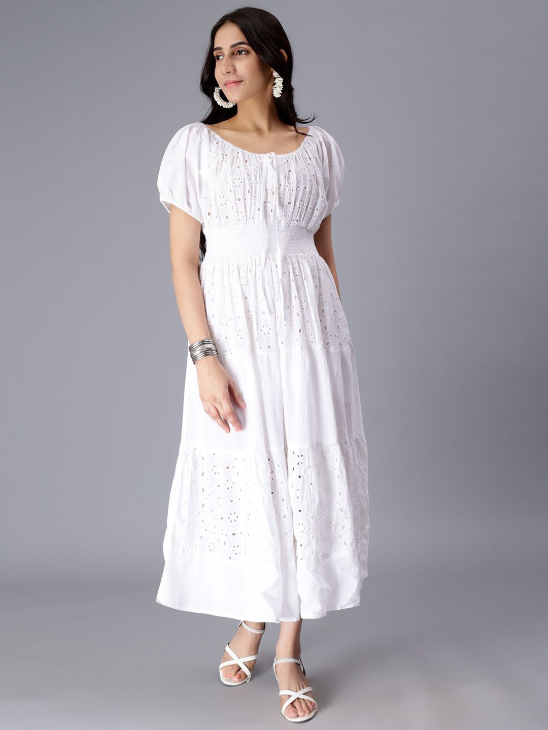 

SAAKAA Self Design Puff Sleeves Pure Cotton Tie Up Smocked Schiffli & Tiered Midi Dress, White