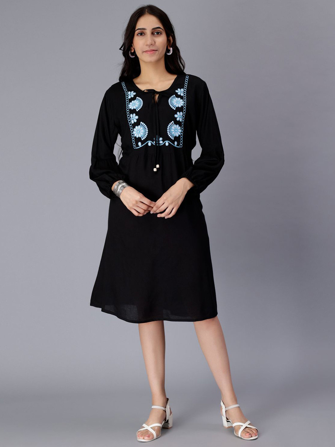 

SAAKAA Floral Embroidered Puff Sleeve A-Line Dress, Black