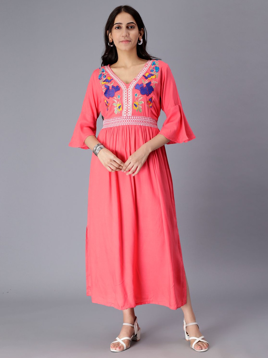 

SAAKAA Floral Embroidered V-Neck Bell Sleeve Maxi Dress, Coral