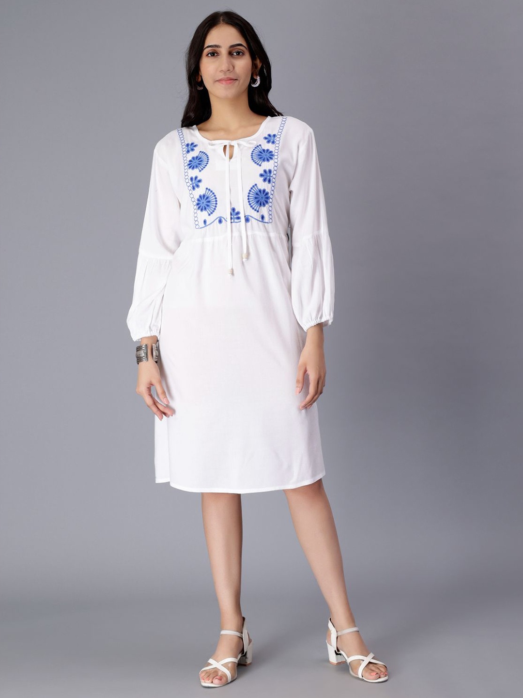 

SAAKAA Floral Embroidered Tie-Up Neck Puff Sleeve A-Line Dress, White