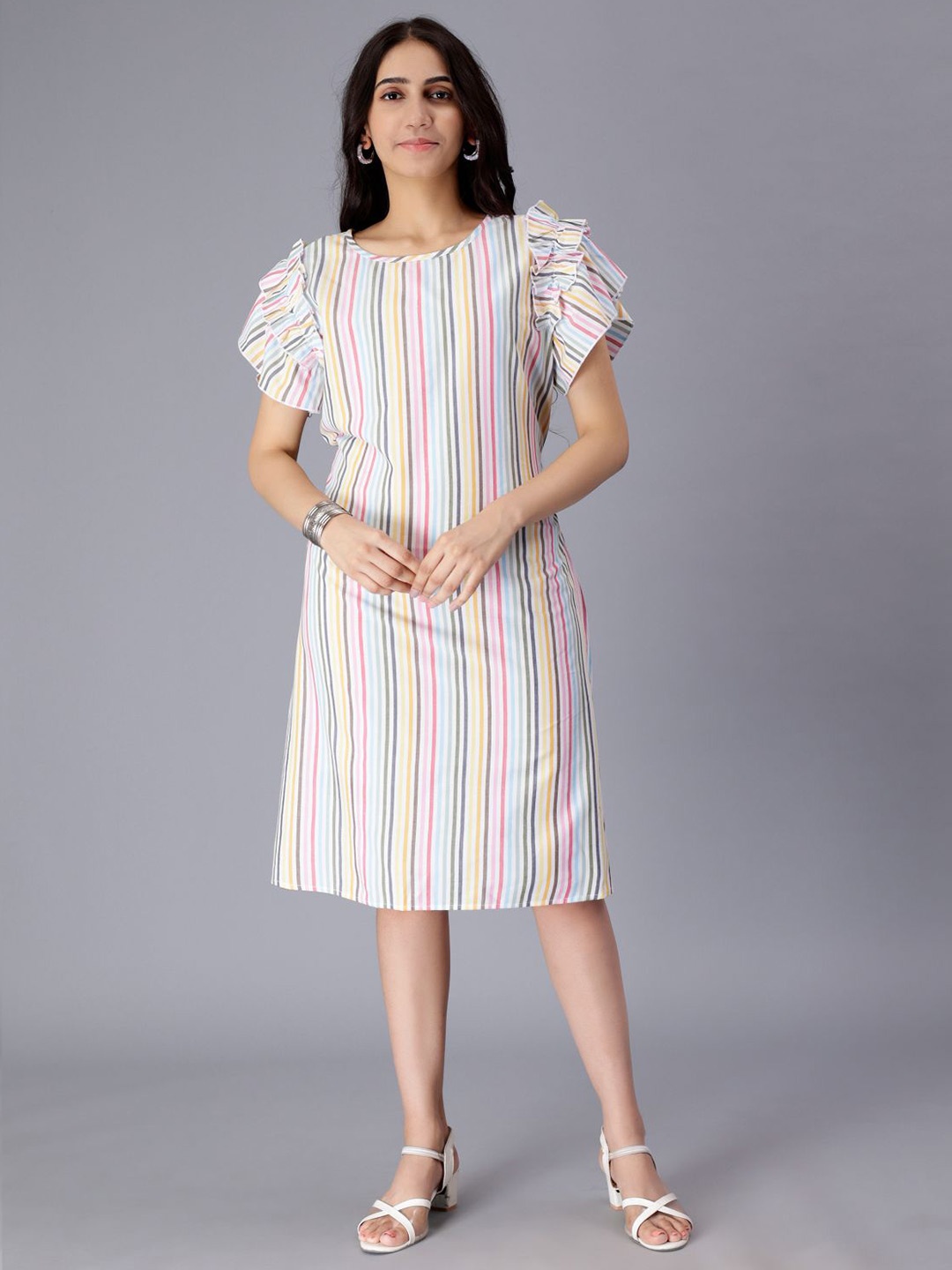 

SAAKAA Striped Ruffles Flutter Sleeves Pure Cotton A-Line Dress, White