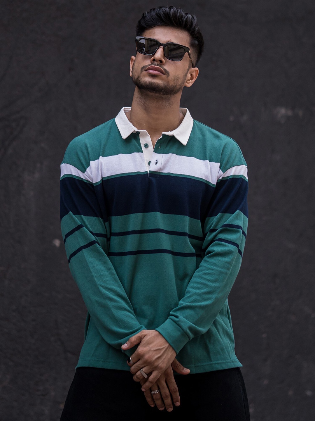 

Maniac Striped Polo Collar Drop-Shoulder Sleeves Cotton Oversized T-shirt, Green
