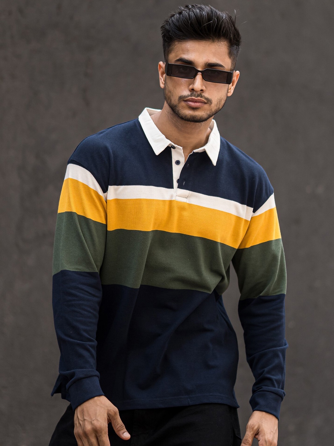 

Maniac Men Blue Striped Polo Collar Pockets T-shirt
