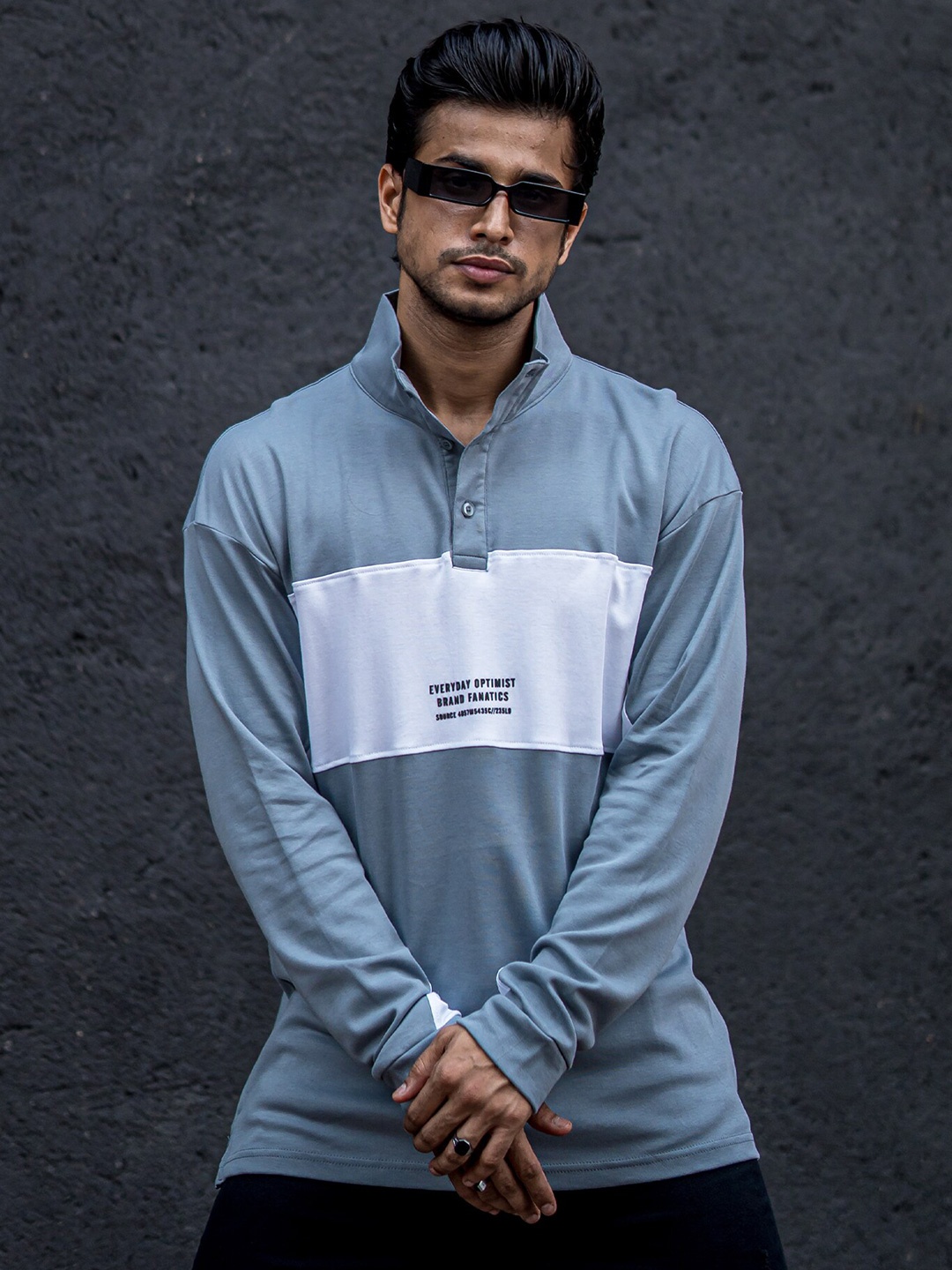 

Maniac Colourblocked High Neck Full Sleeves Oversized Cotton T-shirt, Blue