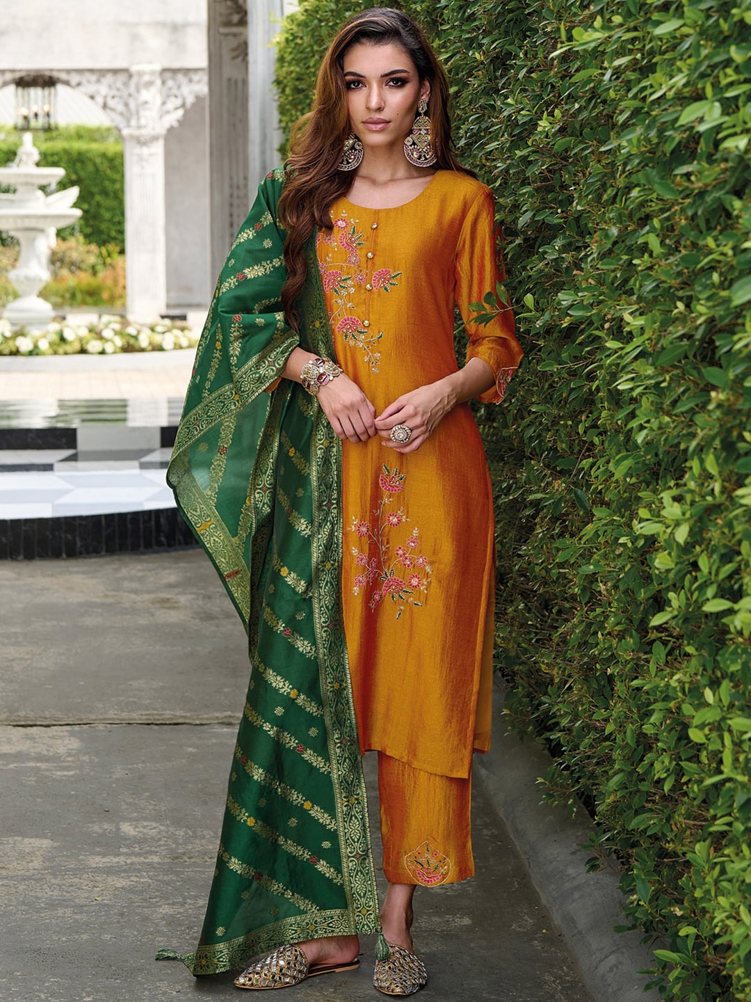 

VredeVogel Floral Embroidered Regular Kurta & Trousers With Dupatta, Mustard