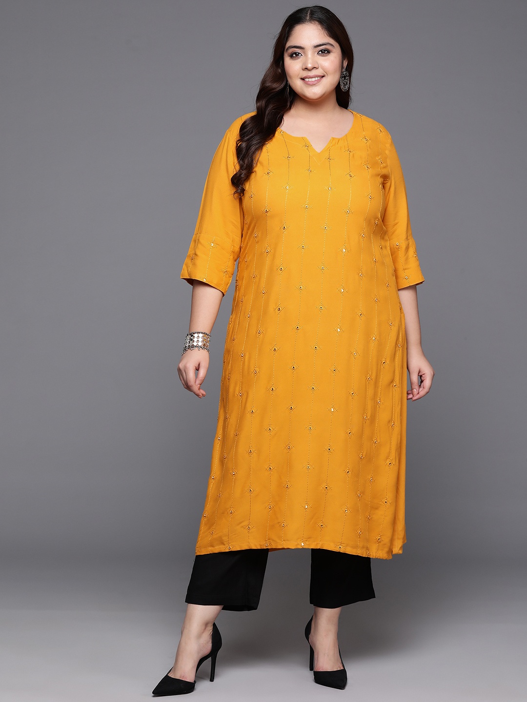 

EXTRA LOVE BY LIBAS Plus Size Women Embroidered Mirror Work Kurta, Mustard