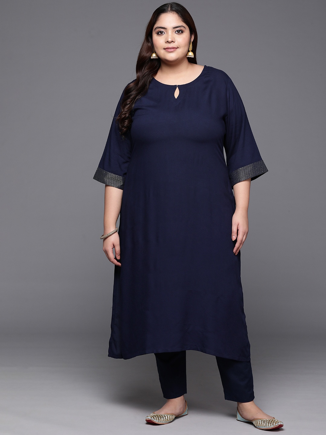 

EXTRA LOVE BY LIBAS Plus Size Women Keyhole Neck Flared Sleeves Kurta, Navy blue