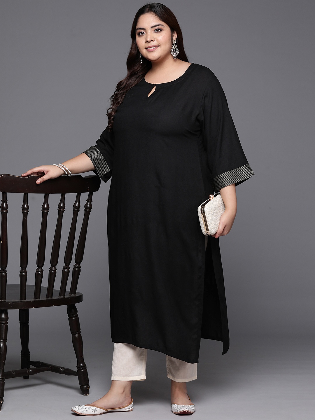 

EXTRA LOVE BY LIBAS Plus Size Women Keyhole Neck Flared Sleeves Kurta, Black