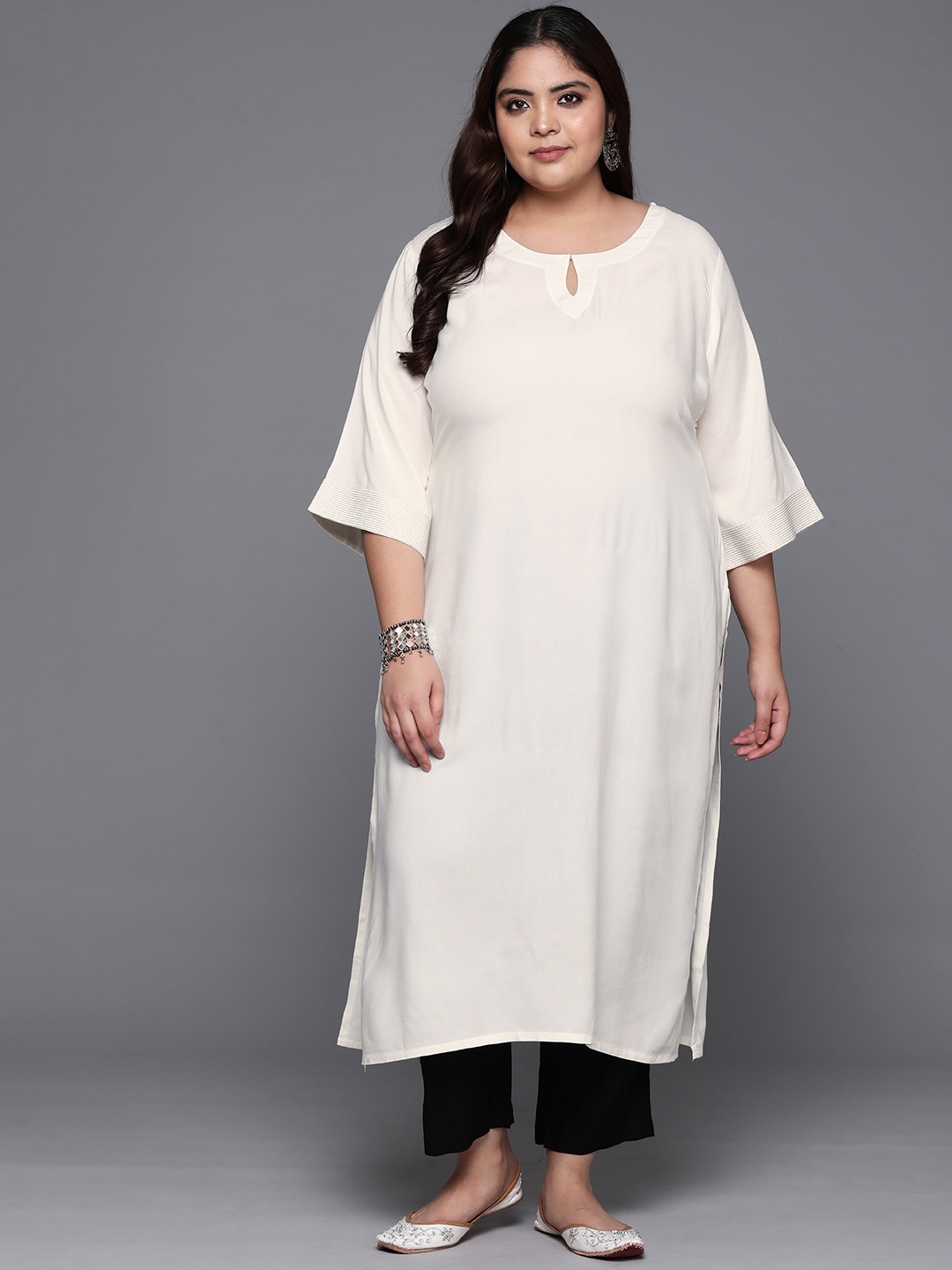 

EXTRA LOVE BY LIBAS Plus Size Women Keyhole Neck Flared Sleeves Kurta, Off white