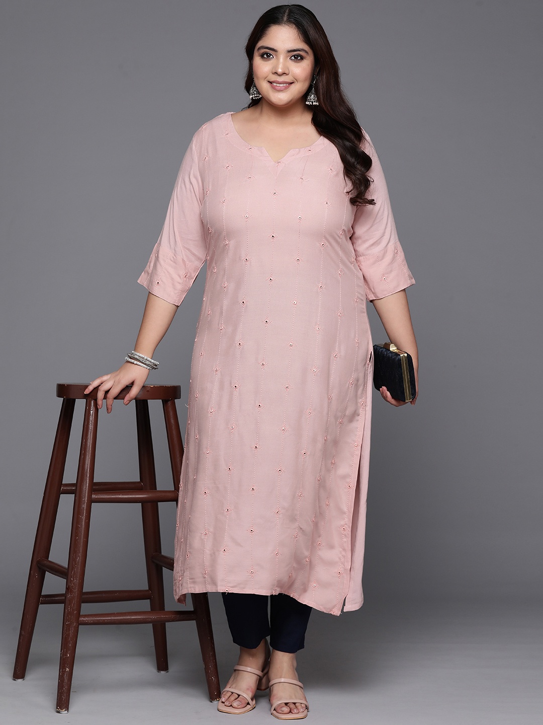 

EXTRA LOVE BY LIBAS Plus Size Women Embroidered Mirror Work Kurta, Pink