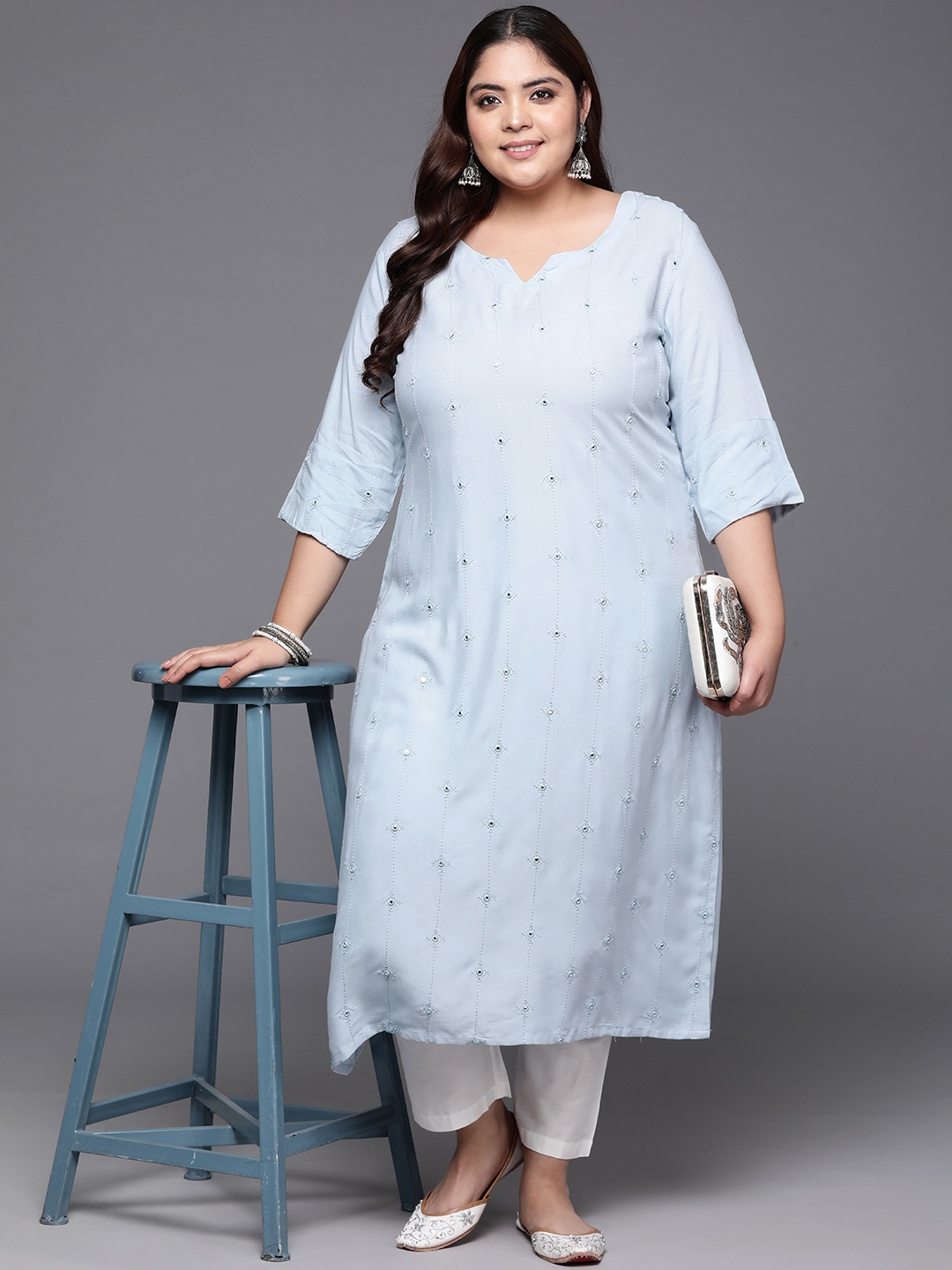 

EXTRA LOVE BY LIBAS Plus Size Women Embroidered Mirror Work Kurta, Grey