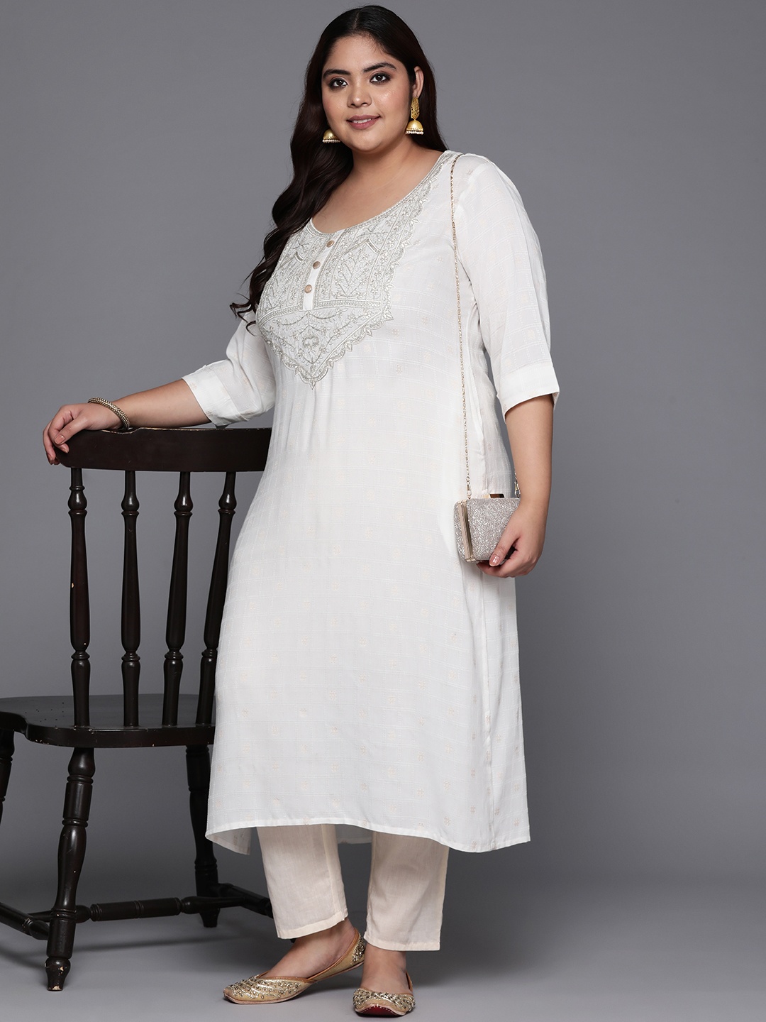 

EXTRA LOVE BY LIBAS Plus Size Women Floral Yoke Design Sequinned Dobby Kurta, White