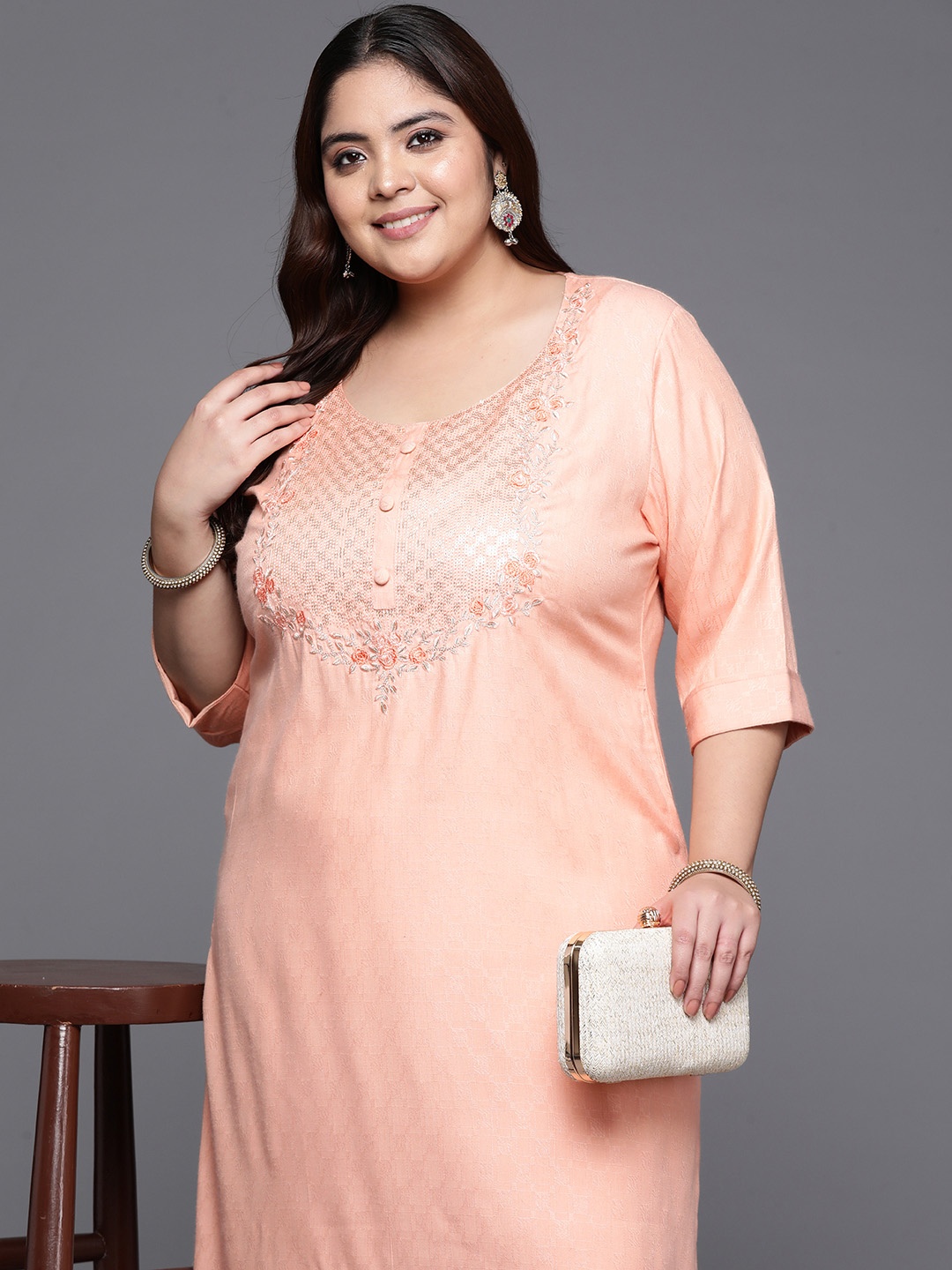 

EXTRA LOVE BY LIBAS Plus Size Women Floral Yoke Design Sequinned Jacquard Kurta, Peach