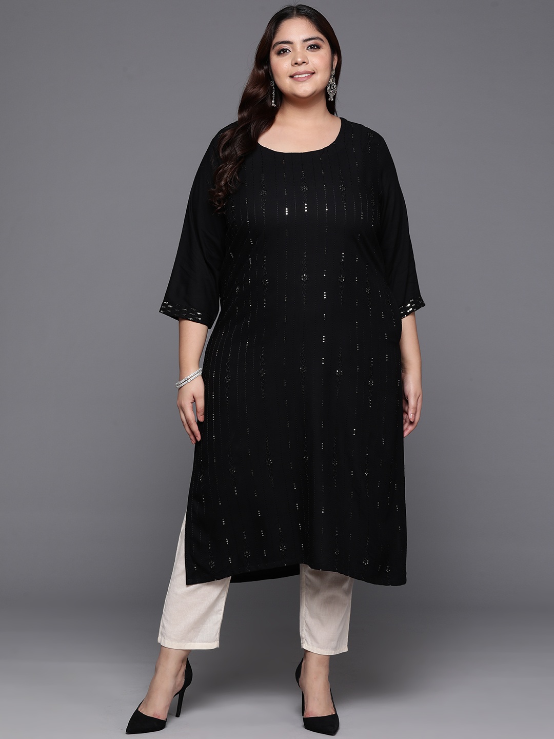 

EXTRA LOVE BY LIBAS Plus Size Women Embroidered Sequinned Kurta, Black