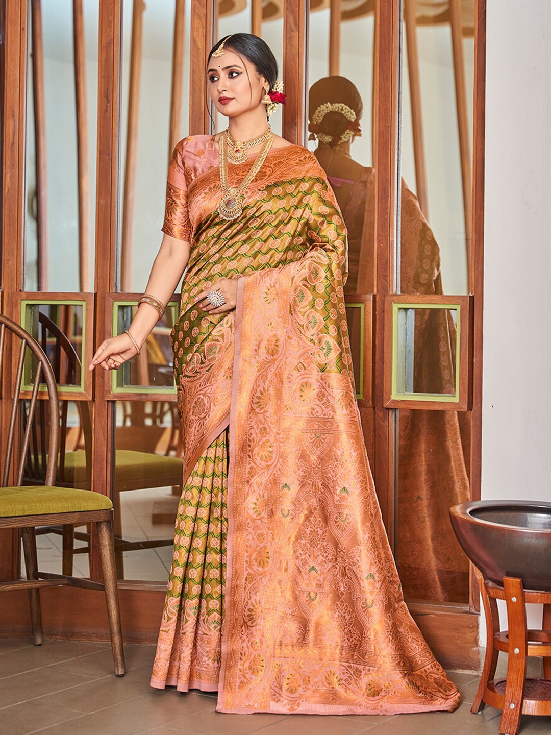 

Mitera Olive Green Ethnic Motifs Woven Design Zari Banarasi Saree