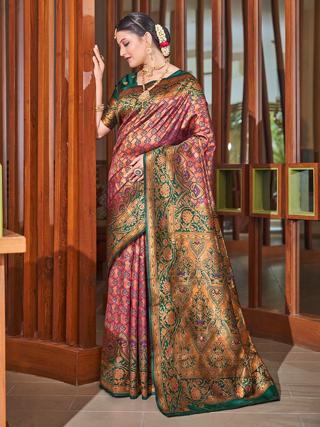 

Mitera Purple & Green Ethnic Motif Woven Design Zari Banarasi Sarees