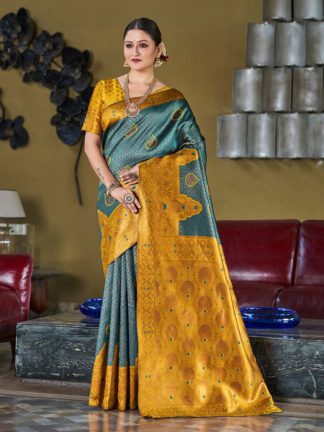 

Mitera Teal & Yellow Ethnic Motifs Woven Design Zari Banarasi Saree