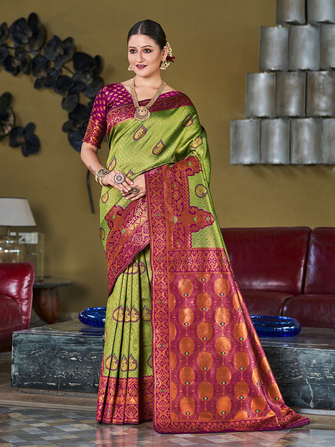 

Mitera Green & Red Ethnic Motifs Woven Design Zari Banarasi Saree