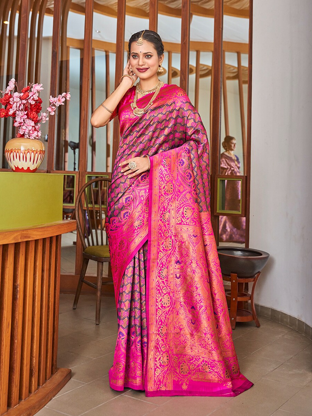 

Mitera Pink & Blue Geometric Woven Design Zari Banarasi Saree