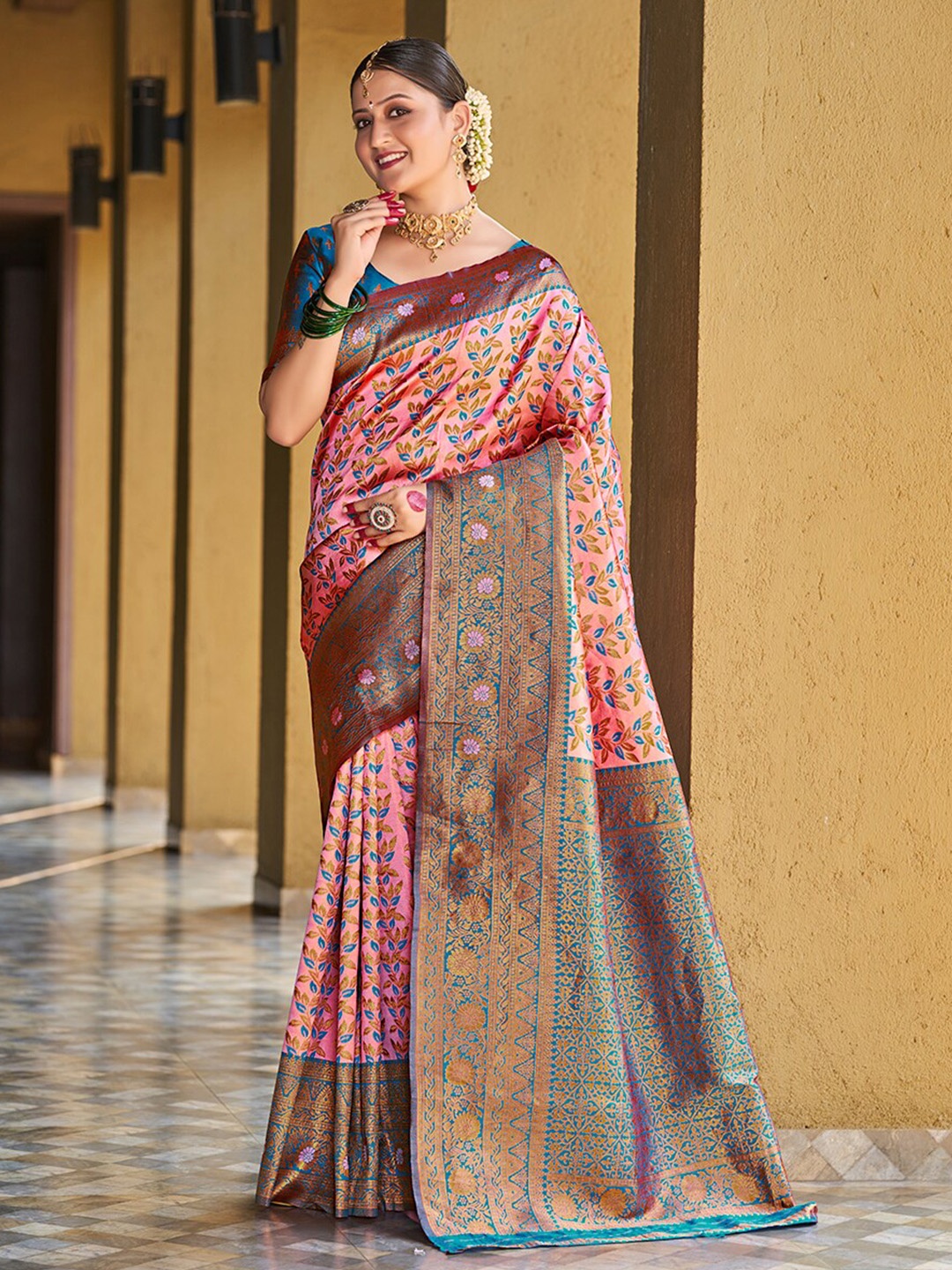 

Mitera Pink & Blue Ethnic Motifs Woven Design Zari Banarasi Saree