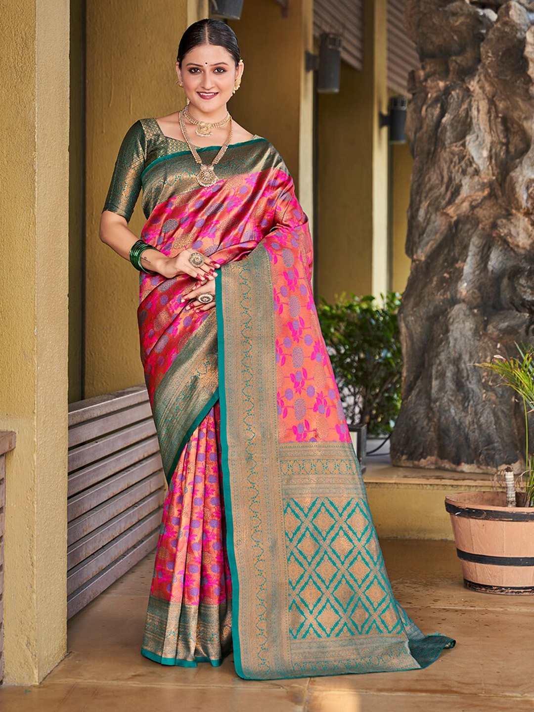 

Mitera Pink & Blue Floral Woven Design Zari Banarasi Saree
