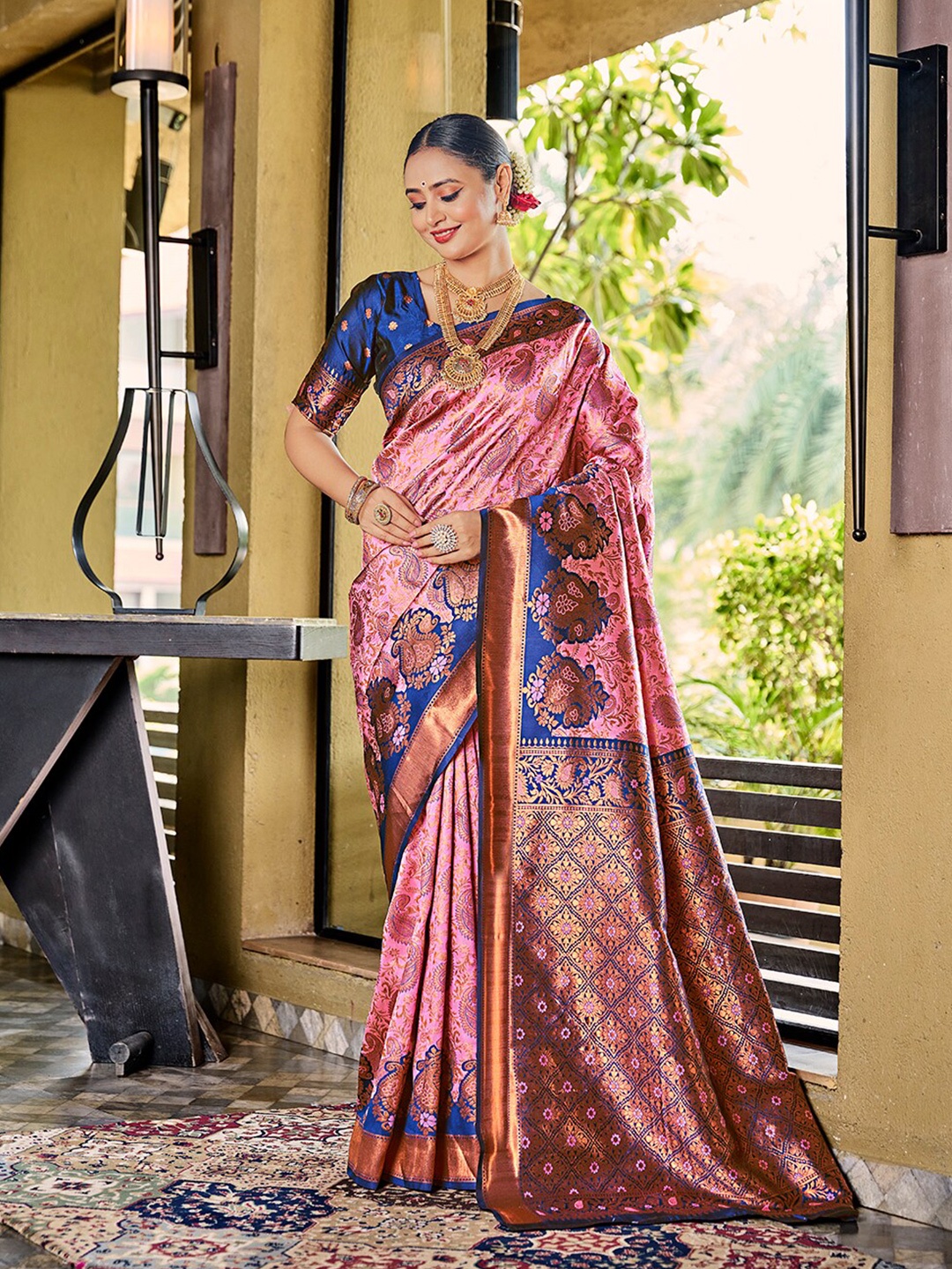 

Mitera Pink & Blue Ethnic Motifs Woven Design Zari Banarasi Saree