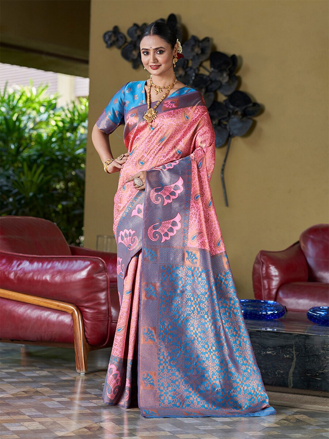 

Mitera Pink & Blue Woven Design Zari Banarasi Saree