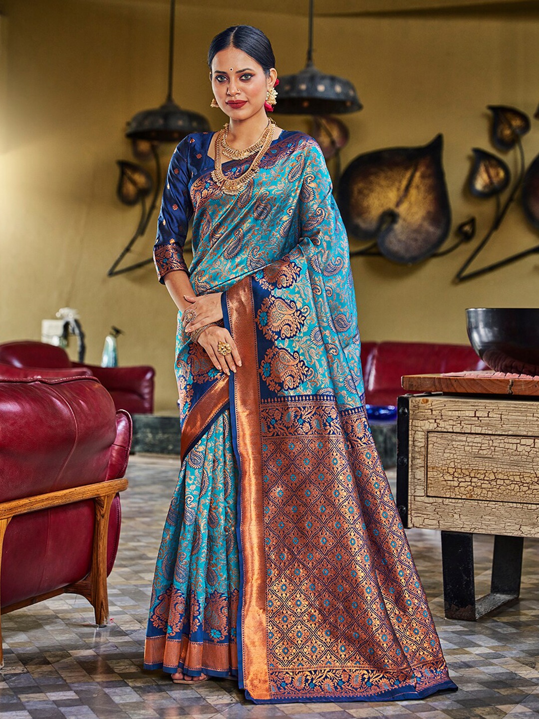 

Mitera Blue & Navy Blue Ethnic Motifs Woven Design Zari Banarasi Saree