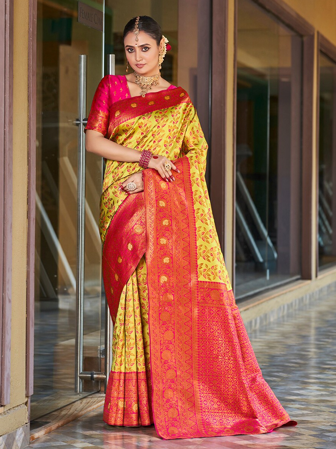 

Mitera Yellow & Red Woven Design Zari Silk Blend Banarasi Saree