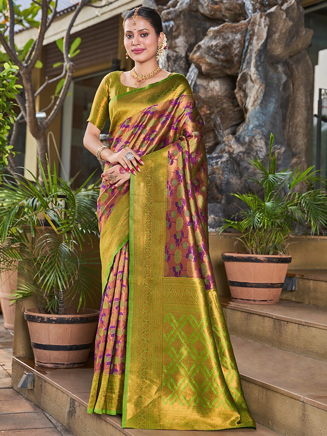 

Mitera Purple & Green Woven Design Zari Banarasi Saree