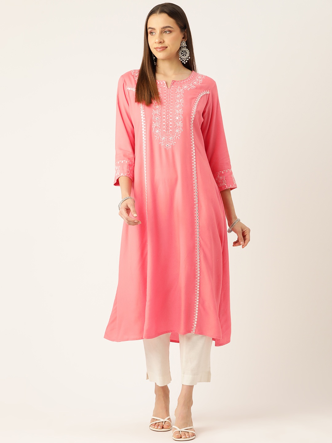 

Rue Collection Floral Embroidered Mirror Work Kurta, Pink