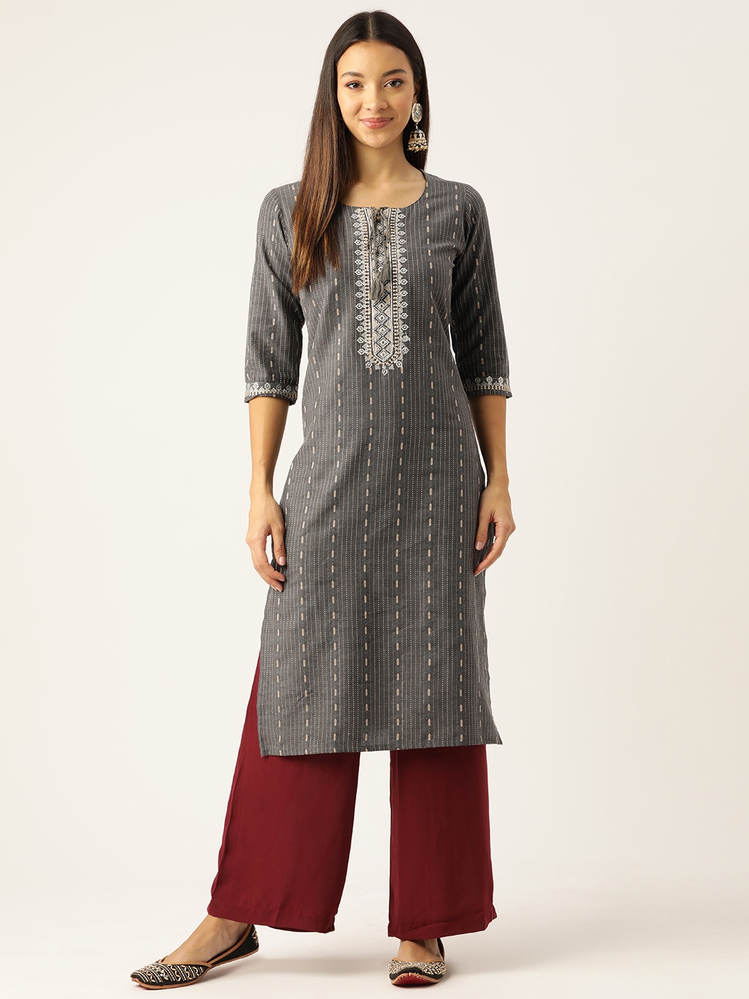 

Rue Collection Ethnic Motifs Embroidered Kantha Work Kurta, Grey