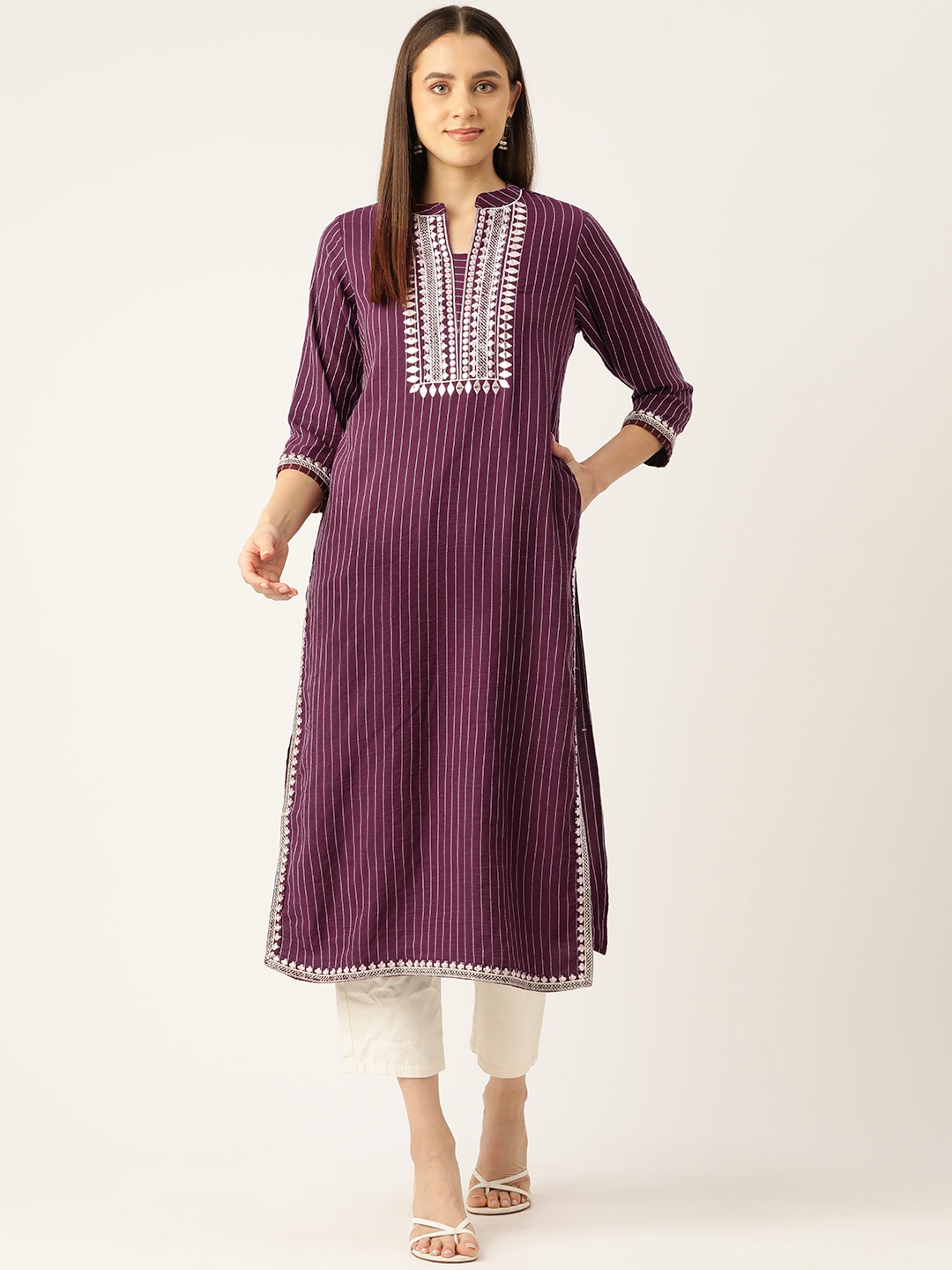 

Rue Collection Women Geometric Yoke Design Kurta, Burgundy