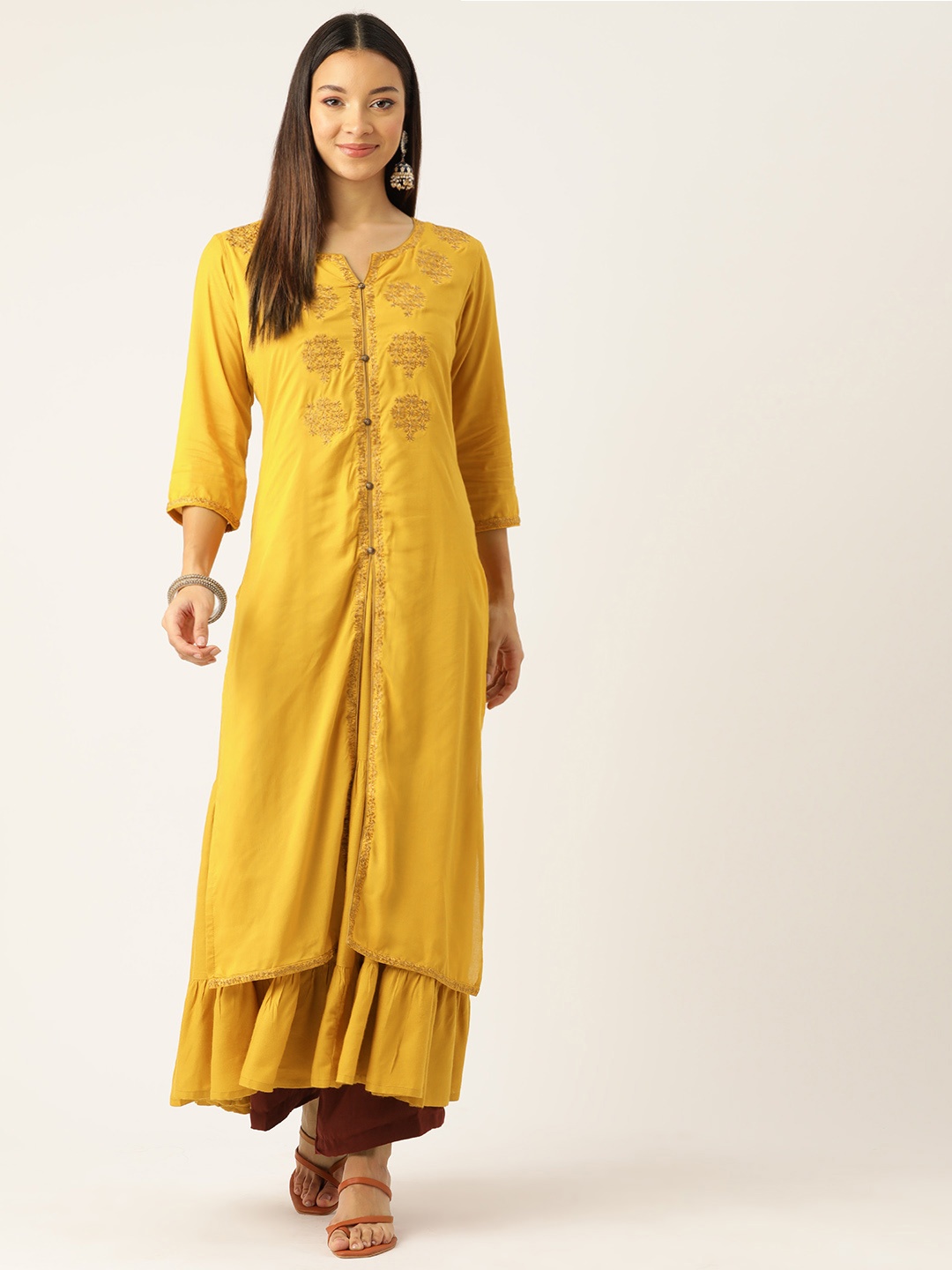 

Rue Collection Floral Embroidered Thread Work Kurta, Mustard