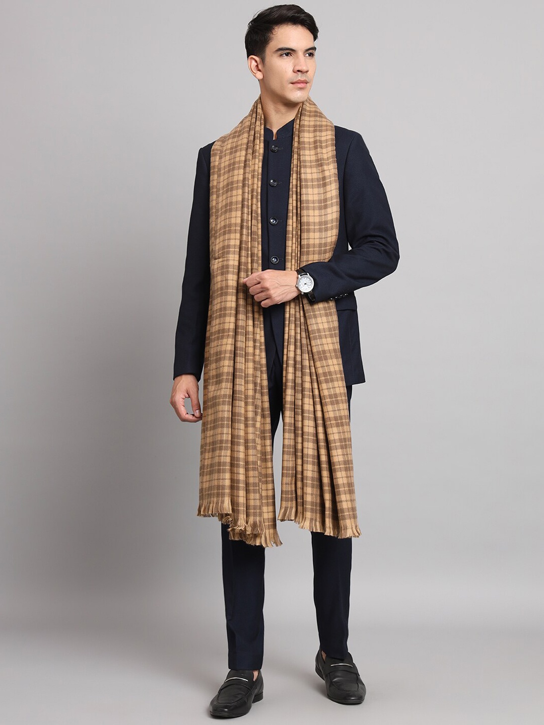 

HANDICRAFT PALACE Checked Woven Design Pure Wool Shawl, Beige