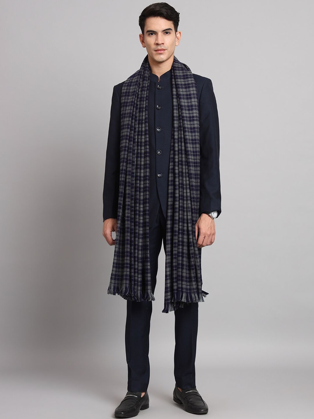 

HANDICRAFT PALACE Checked Woven Design Woollen Shawl, Grey