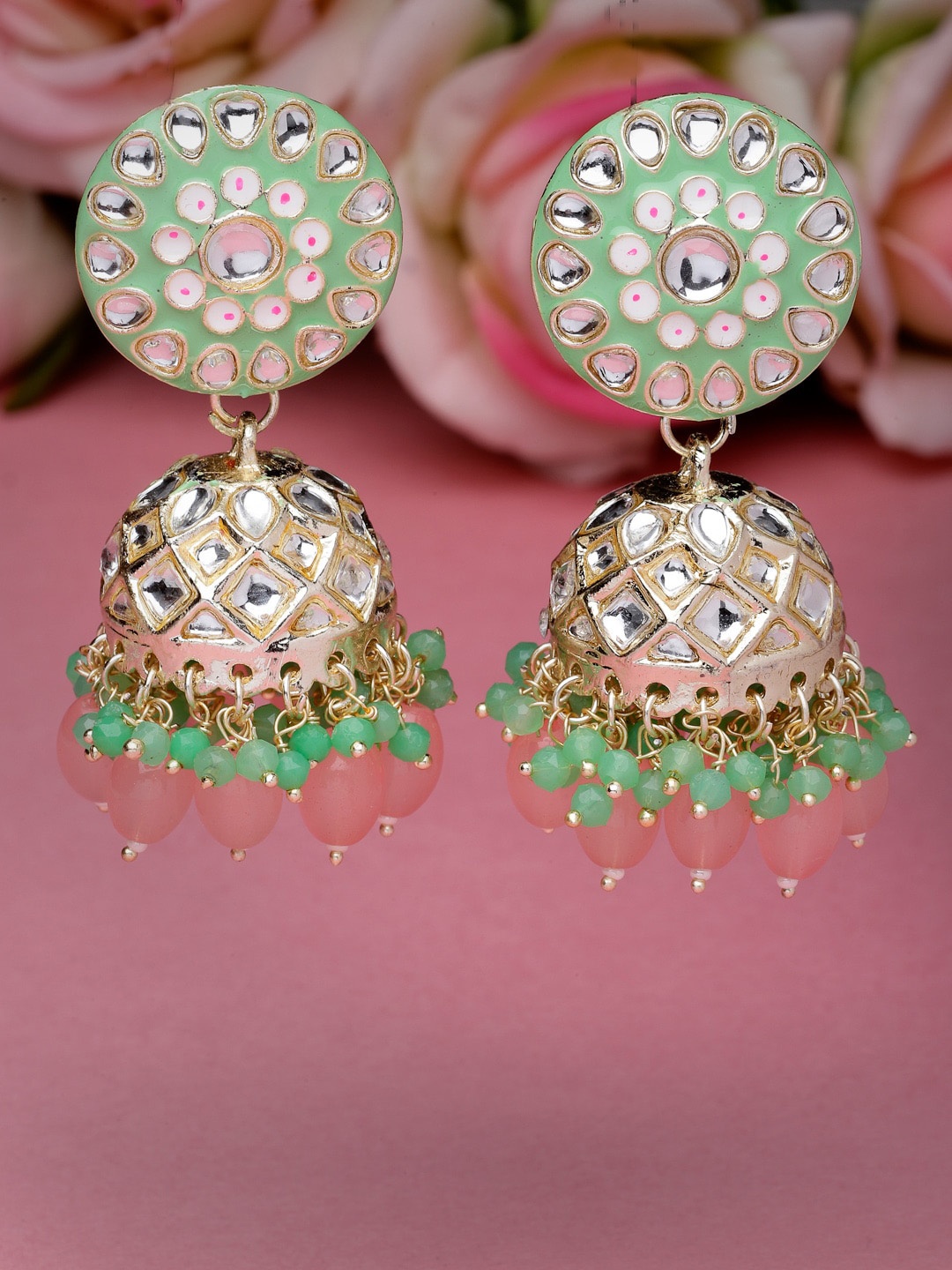 

Sukkhi Gold Plated Dome Shaped Kundan Studded Enamelled Jhumkas