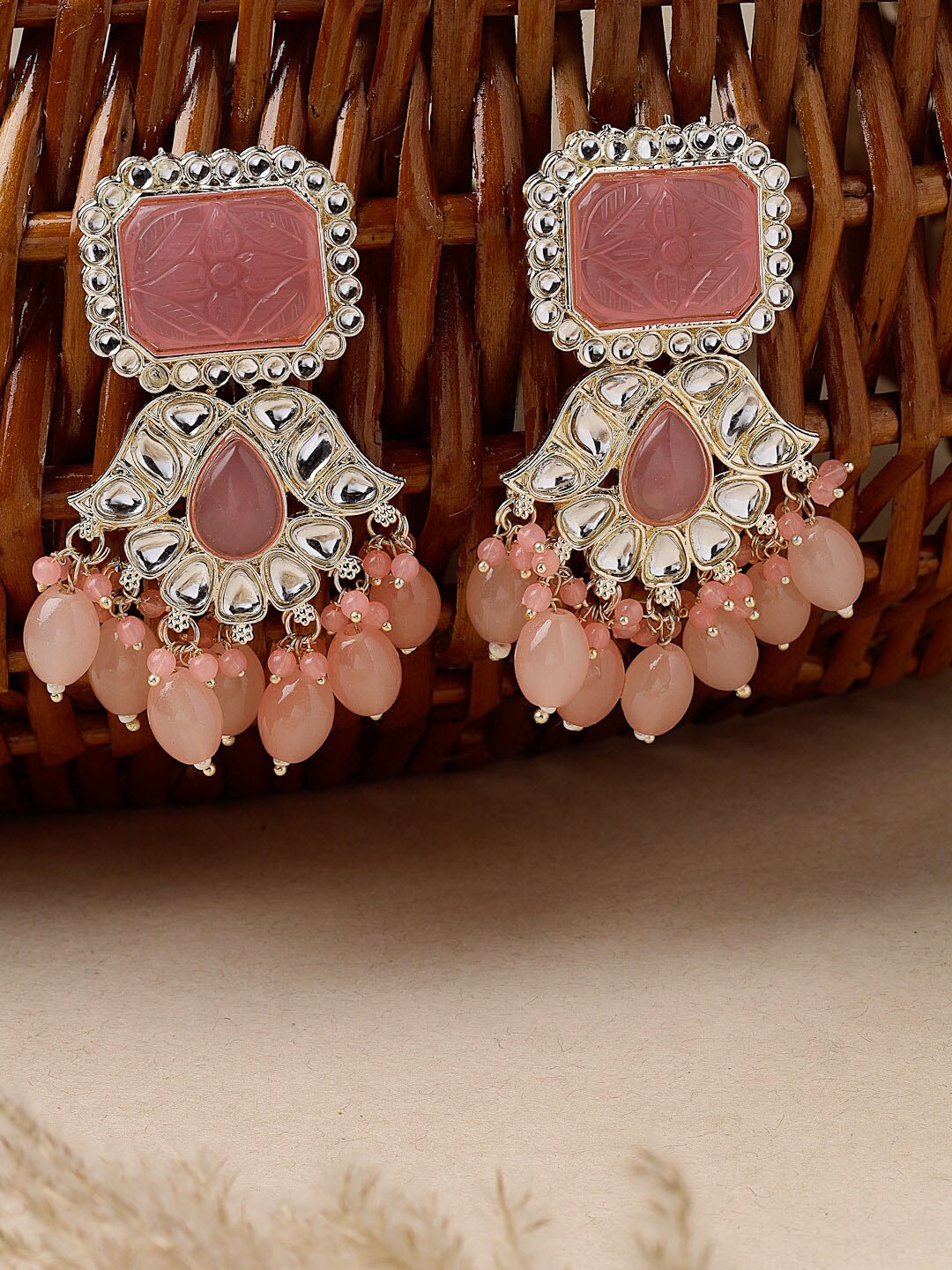 

Sukkhi Gold-Plated Kundan Studded Contemporary Drop Earrings, Pink