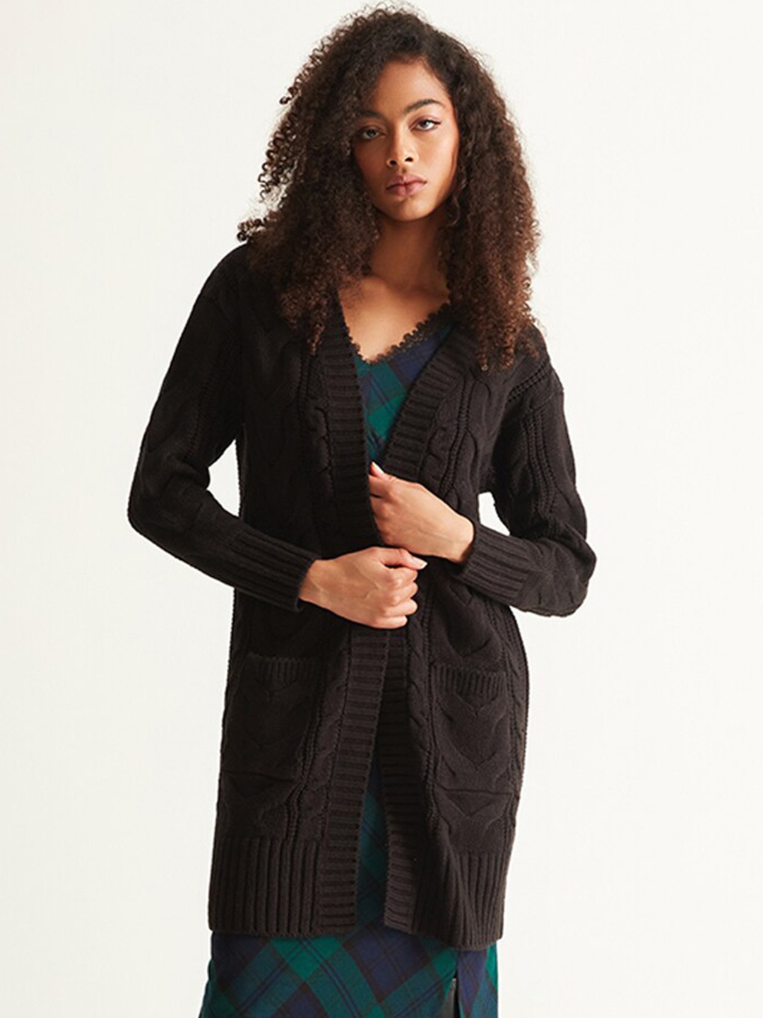 

COVER STORY Self Designed V-Neck Acrylic Longline Cardigan, Black