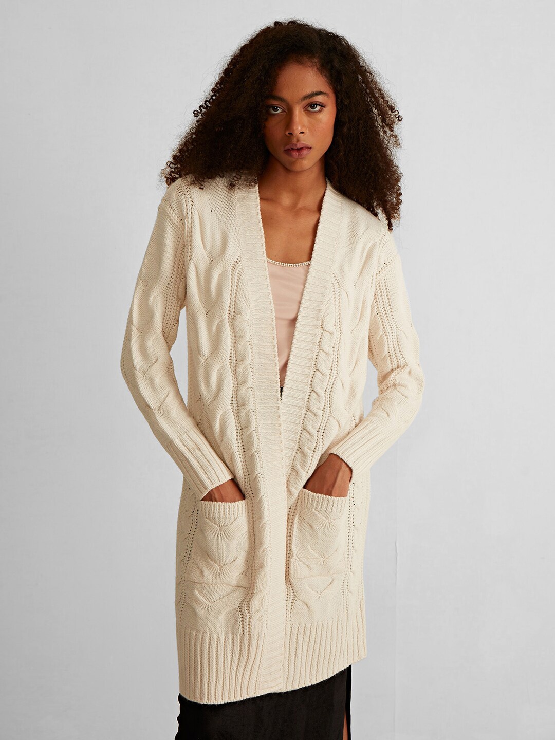 

COVER STORY Cable Knit Longline Acrylic Cardigan, White