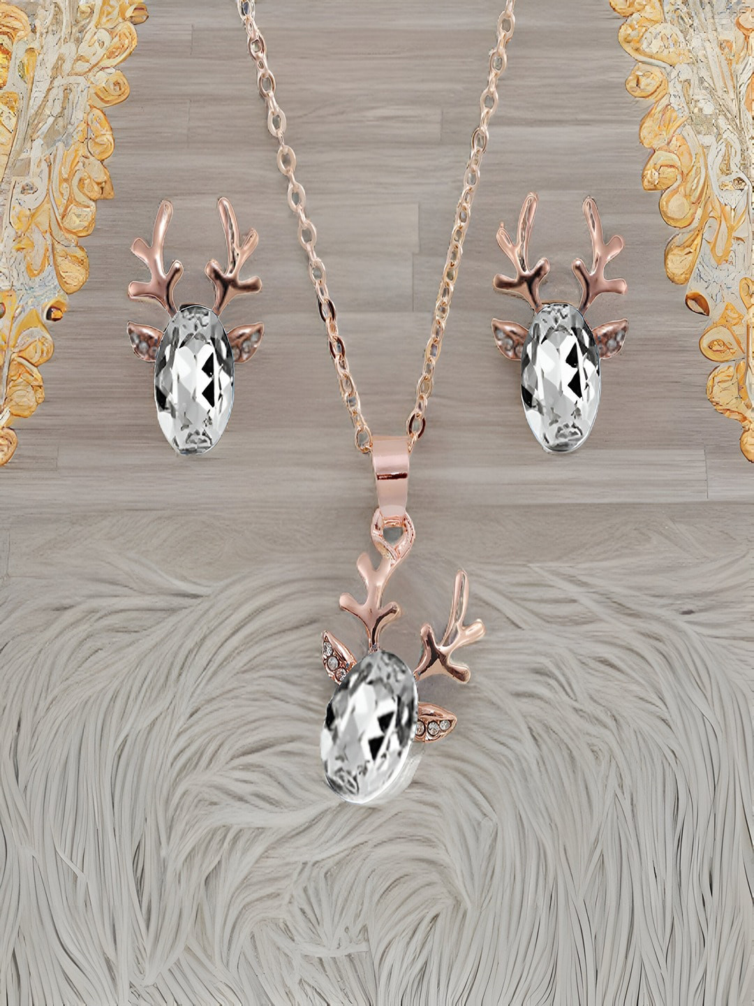 

UNIVERSITY TRENDZ Gold-plated Crystal-Studded Deer Design Jewellery Set