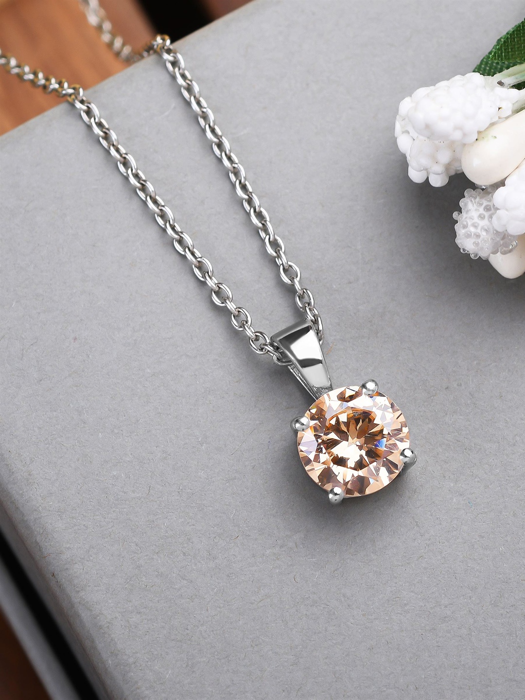 

KUBERBOX 92.5 Sterling Silver Rhodium-Plated Stone-Studded Pendant With Chain